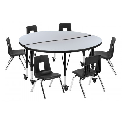 BLNK Emmy Mobile Circle Thermal Laminate Wave Flexible Activity Table Set - Gray, 47.5"D, with 12" Student Stack Chairs