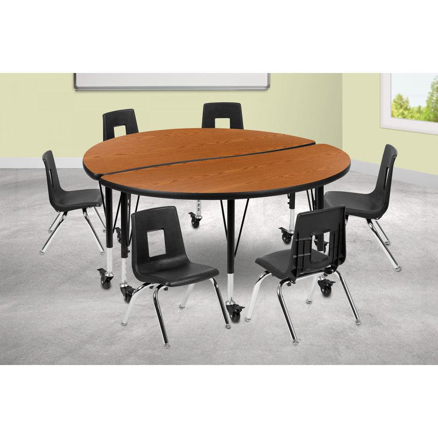 BLNK Emmy Mobile Circle Thermal Laminate Wave Flexible Activity Table Set - Oak, 47.5"D, with 12" Student Stack Chairs
