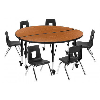 BLNK Emmy Mobile Circle Thermal Laminate Wave Flexible Activity Table Set - Oak, 47.5"D, with 12" Student Stack Chairs