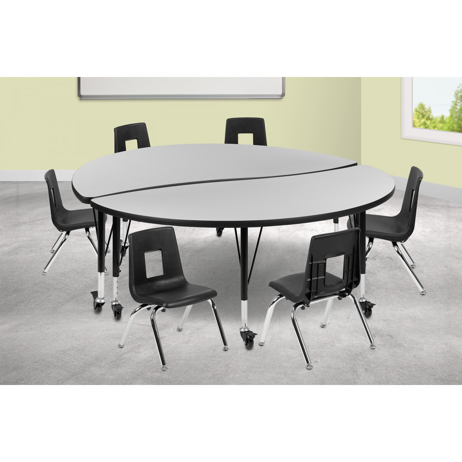 BLNK Emmy Mobile Circle Thermal Laminate Wave Flexible Activity Table Set - Gray, 60"D, with 12" Student Stack Chairs