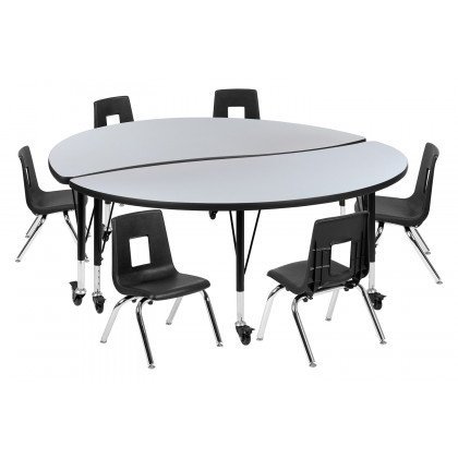 BLNK Emmy Mobile Circle Thermal Laminate Wave Flexible Activity Table Set - Gray, 60"D, with 12" Student Stack Chairs