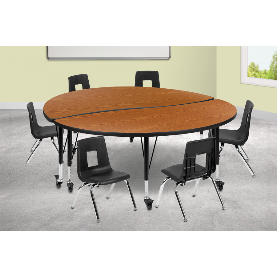 BLNK Emmy Mobile Circle Thermal Laminate Wave Flexible Activity Table Set - Oak, 60"D, with 12" Student Stack Chairs