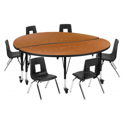 BLNK Emmy Mobile Circle Thermal Laminate Wave Flexible Activity Table Set - Oak, 60"D, with 12" Student Stack Chairs