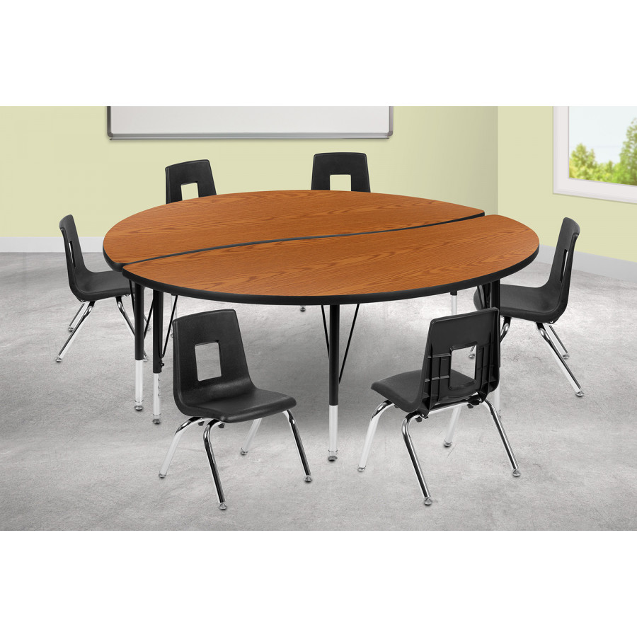 BLNK Emmy Circle Thermal Laminate Wave Flexible Activity Table Set - Oak, 60"D, with 12" Student Stack Chairs
