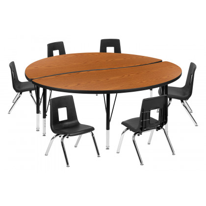 BLNK Emmy Circle Thermal Laminate Wave Flexible Activity Table Set - Oak, 60"D, with 12" Student Stack Chairs