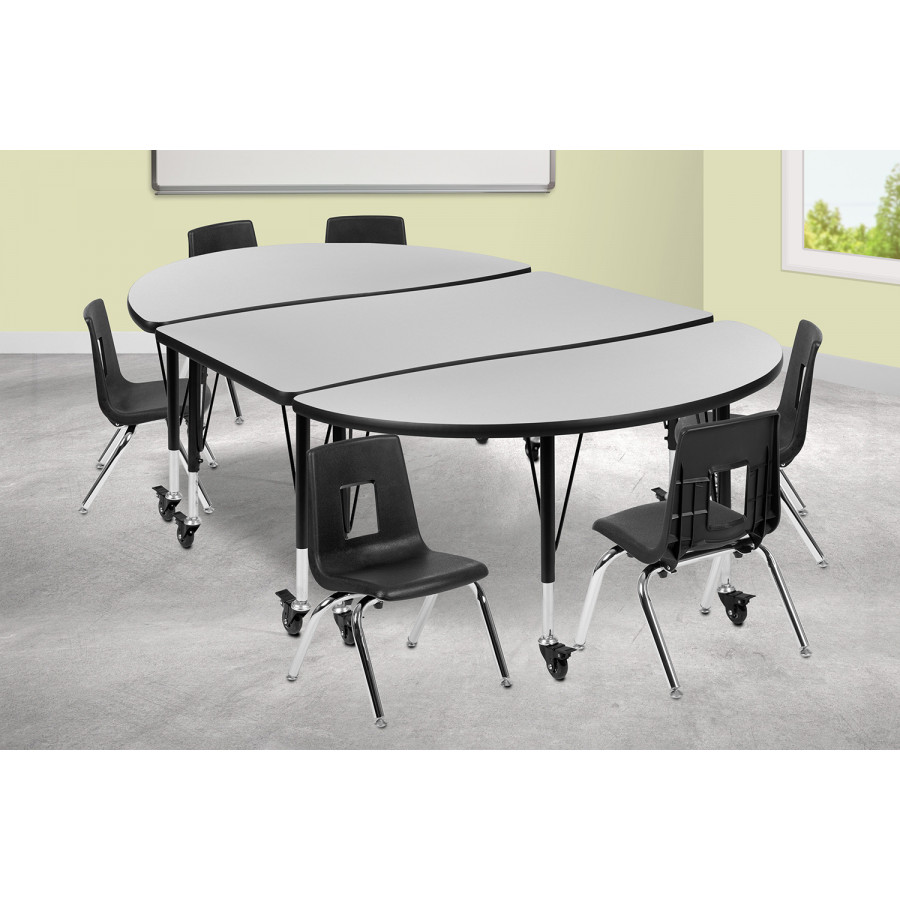 BLNK Emmy Mobile Oval Thermal Laminate Wave Flexible Activity Table Set - Gray, 76"L, with 14" Student Stack Chairs