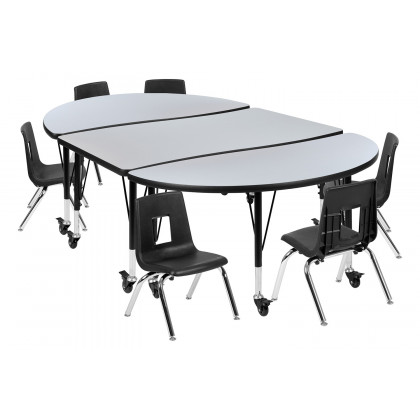 BLNK Emmy Mobile Oval Thermal Laminate Wave Flexible Activity Table Set - Gray, 76"L, with 14" Student Stack Chairs