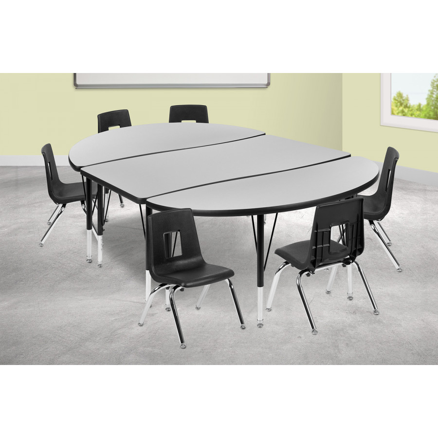 BLNK Emmy Oval Thermal Laminate Wave Flexible Activity Table Set with Chairs - Gray, 76"L, with 14" Student Stack Chairs