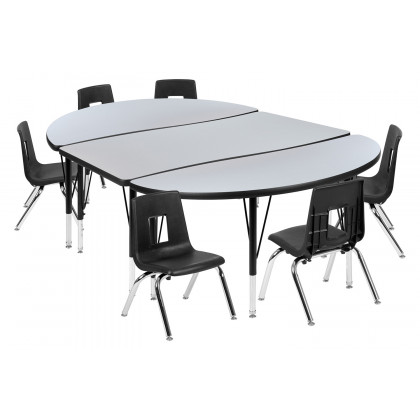 BLNK Emmy Oval Thermal Laminate Wave Flexible Activity Table Set with Chairs - Gray, 76"L, with 14" Student Stack Chairs