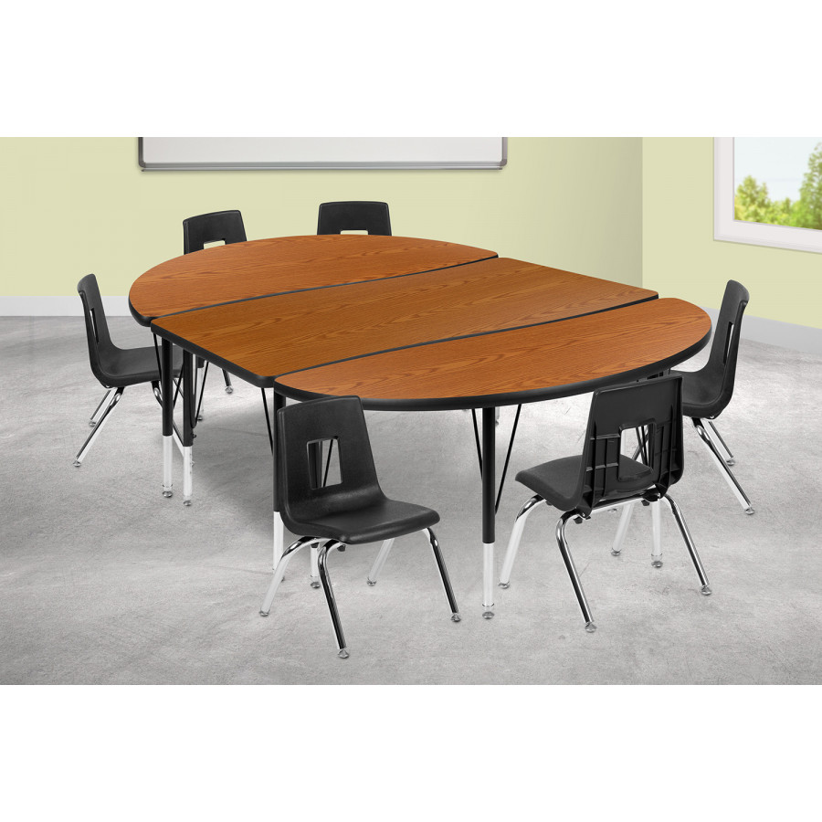 BLNK Emmy Oval Thermal Laminate Wave Flexible Activity Table Set with Chairs - Oak, 76"L, with 14" Student Stack Chairs