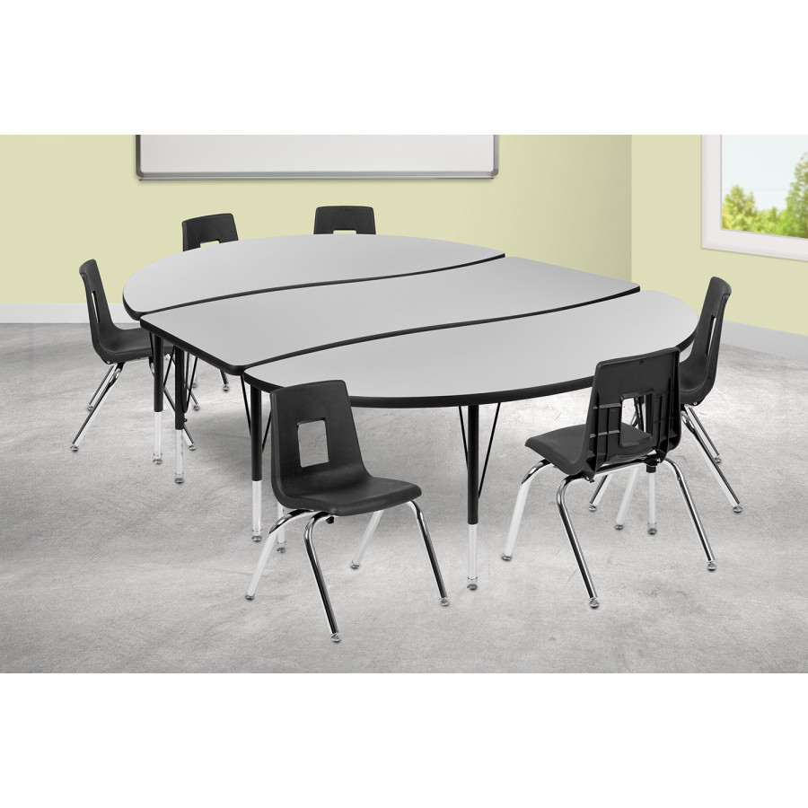 BLNK Emmy Oval Thermal Laminate Wave Flexible Activity Table Set with Chairs - Gray, 86"L, with 14" Student Stack Chairs