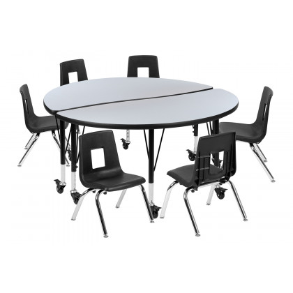 BLNK Emmy Mobile Circle Thermal Laminate Wave Flexible Activity Table Set - Gray, 47.5"D, with 14" Student Stack Chairs