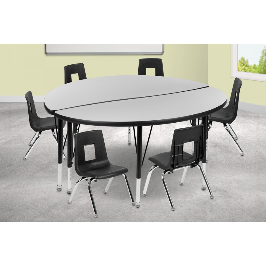 BLNK Emmy Circle Thermal Laminate Wave Flexible Activity Table Set - Gray, 47.5"D, with 14" Student Stack Chairs