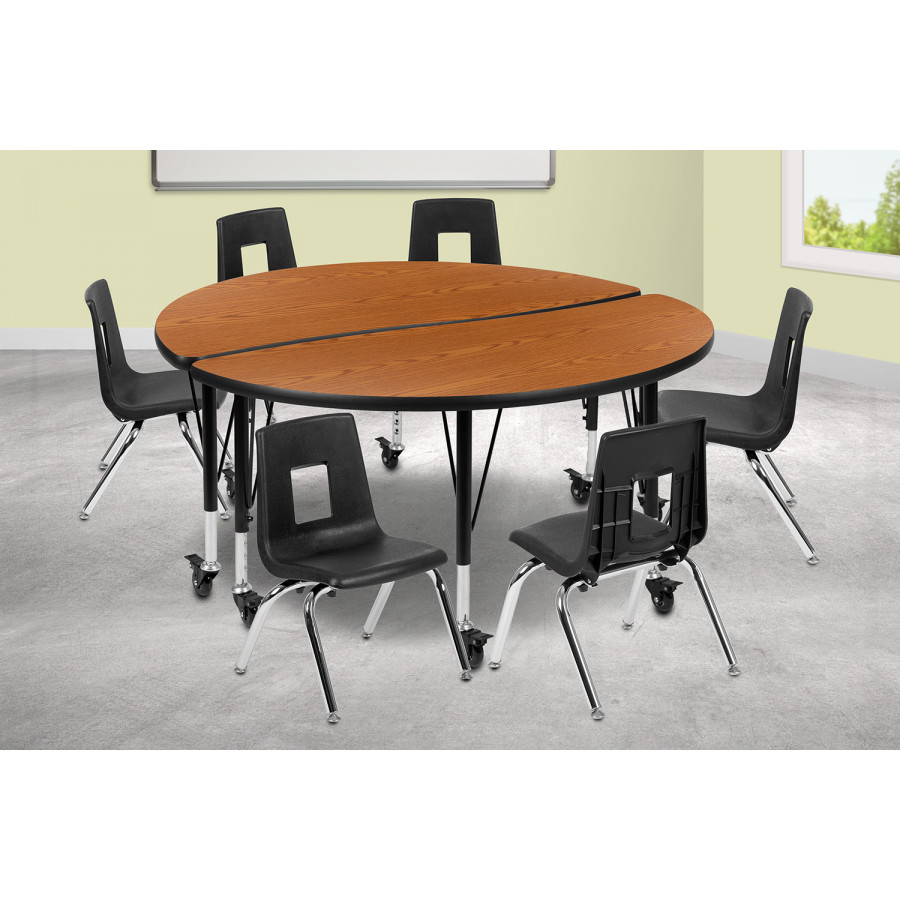 BLNK Emmy Mobile Circle Thermal Laminate Wave Flexible Activity Table Set - Oak, 47.5"D, with 14" Student Stack Chairs