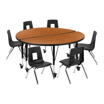 BLNK Emmy Mobile Circle Thermal Laminate Wave Flexible Activity Table Set - Oak, 47.5"D, with 14" Student Stack Chairs