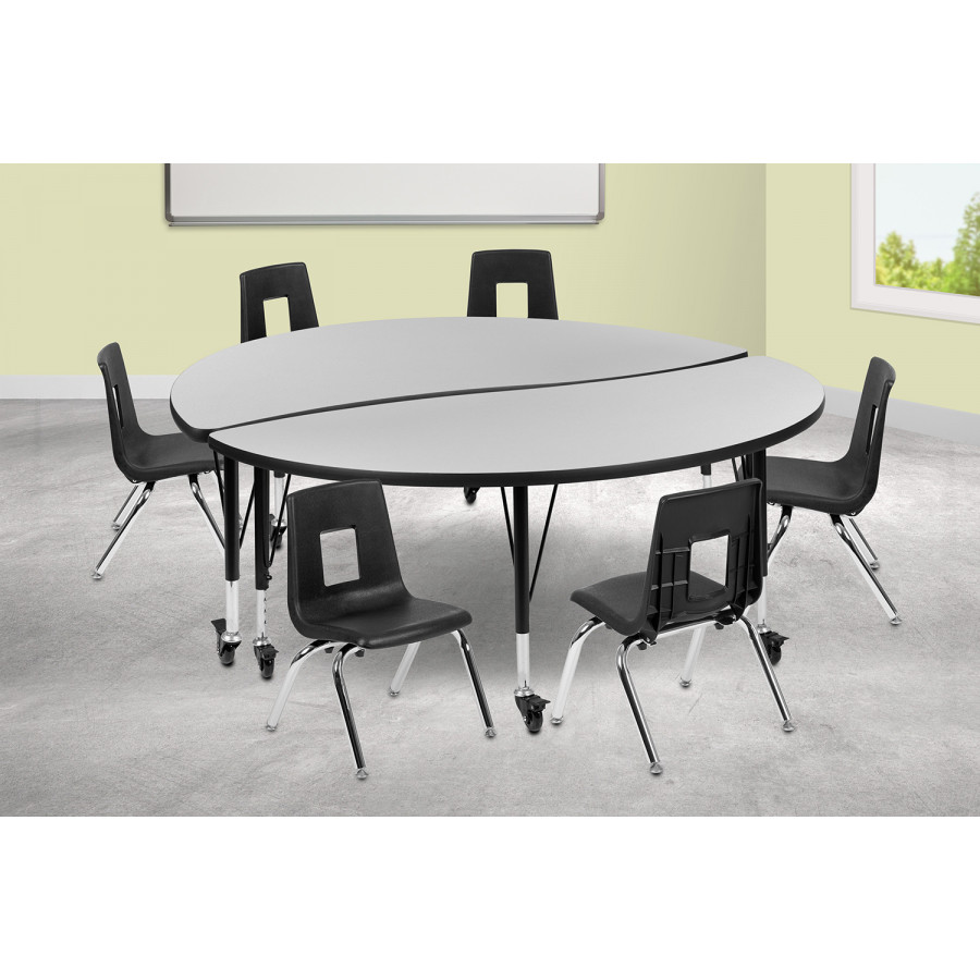 BLNK Emmy Mobile Circle Thermal Laminate Wave Flexible Activity Table Set - Gray, 60"D, with 14" Student Stack Chairs