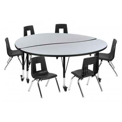 BLNK Emmy Mobile Circle Thermal Laminate Wave Flexible Activity Table Set - Gray, 60"D, with 14" Student Stack Chairs