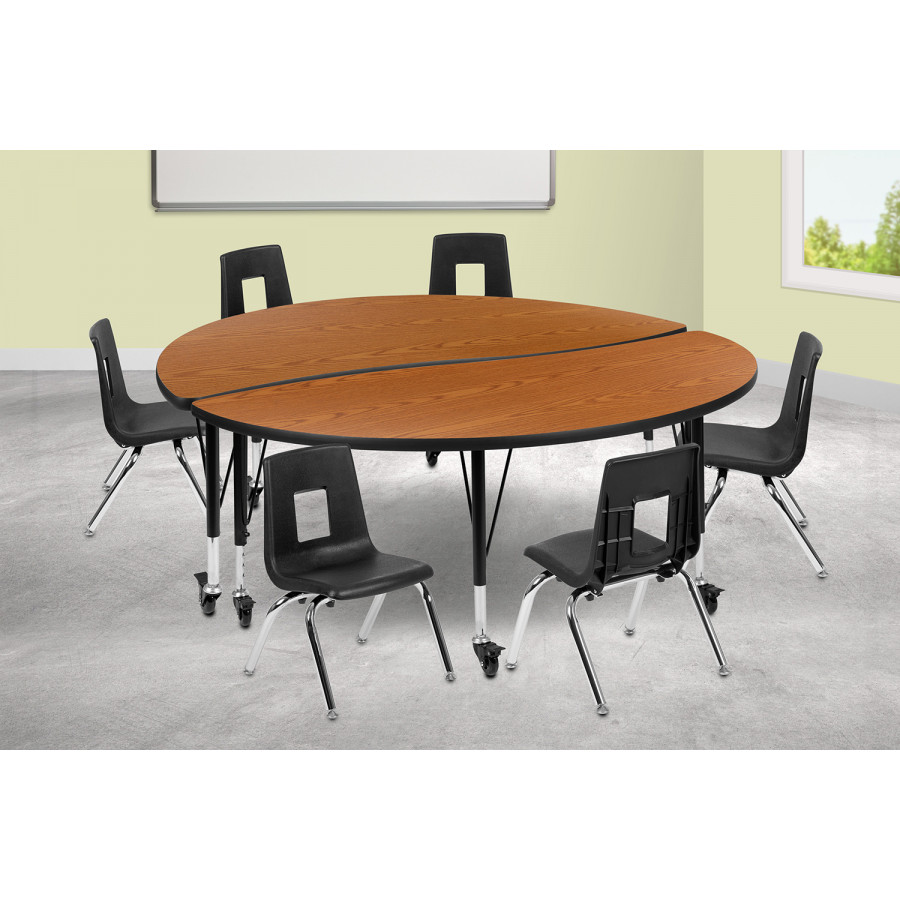 BLNK Emmy Mobile Circle Thermal Laminate Wave Flexible Activity Table Set - Oak, 60"D, with 14" Student Stack Chairs