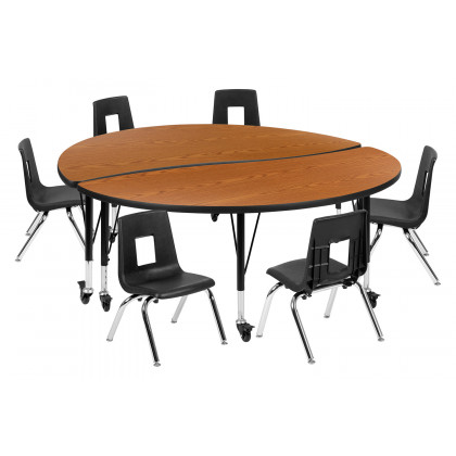 BLNK Emmy Mobile Circle Thermal Laminate Wave Flexible Activity Table Set - Oak, 60"D, with 14" Student Stack Chairs