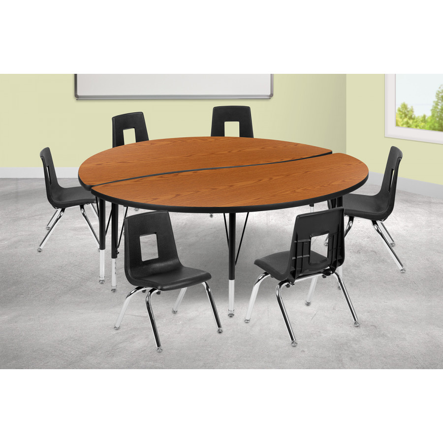 BLNK Emmy Circle Thermal Laminate Wave Flexible Activity Table Set - Oak, 60"D, with 14" Student Stack Chairs