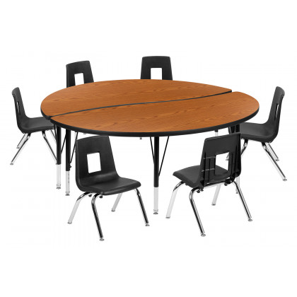 BLNK Emmy Circle Thermal Laminate Wave Flexible Activity Table Set - Oak, 60"D, with 14" Student Stack Chairs