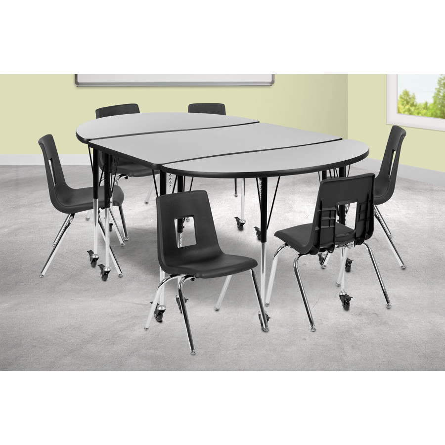 BLNK Emmy Mobile Oval Thermal Laminate Wave Flexible Activity Table Set - Gray, 76"L, with 16" Student Stack Chairs