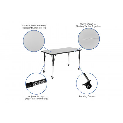 BLNK Emmy Mobile Oval Thermal Laminate Wave Flexible Activity Table Set - Gray, 76"L, with 16" Student Stack Chairs