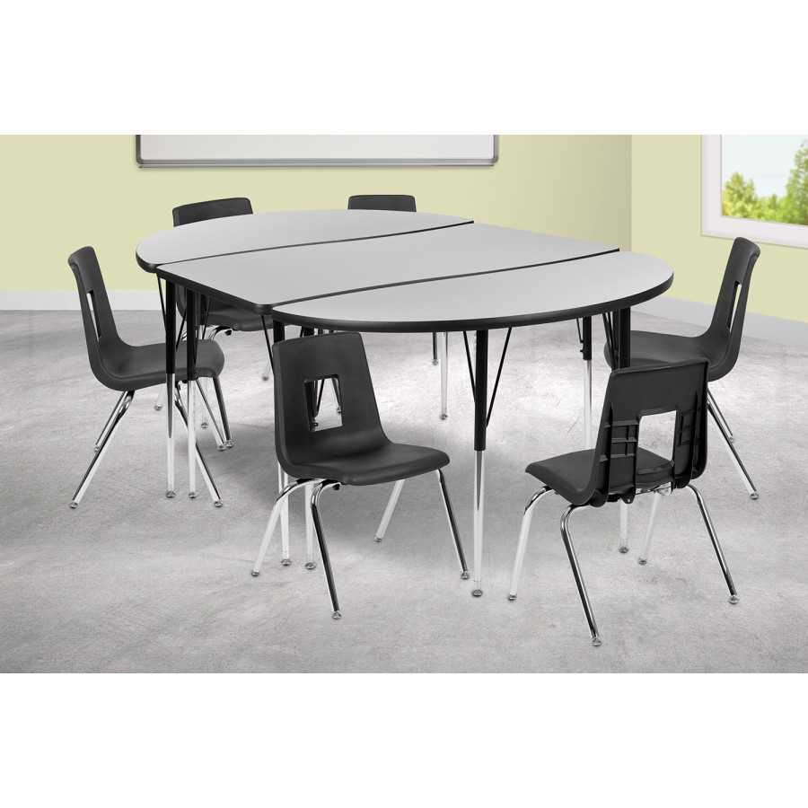 BLNK Emmy Oval Thermal Laminate Wave Flexible Activity Table Set with Chairs - Gray, 76"L, with 16" Student Stack Chairs