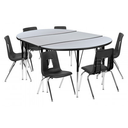 BLNK Emmy Oval Thermal Laminate Wave Flexible Activity Table Set with Chairs - Gray, 76"L, with 16" Student Stack Chairs