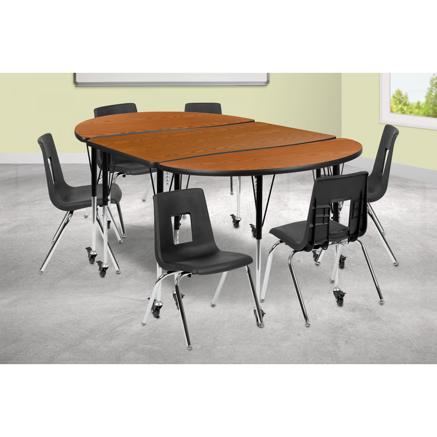 BLNK Emmy Mobile Oval Thermal Laminate Wave Flexible Activity Table Set - Oak, 76"L, with 16" Student Stack Chairs