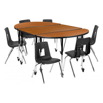 BLNK Emmy Mobile Oval Thermal Laminate Wave Flexible Activity Table Set - Oak, 76"L, with 16" Student Stack Chairs