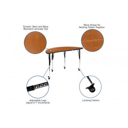 BLNK Emmy Mobile Oval Thermal Laminate Wave Flexible Activity Table Set - Oak, 76"L, with 16" Student Stack Chairs