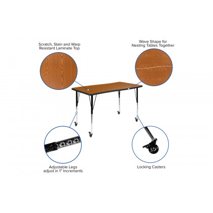 BLNK Emmy Mobile Oval Thermal Laminate Wave Flexible Activity Table Set - Oak, 76"L, with 16" Student Stack Chairs