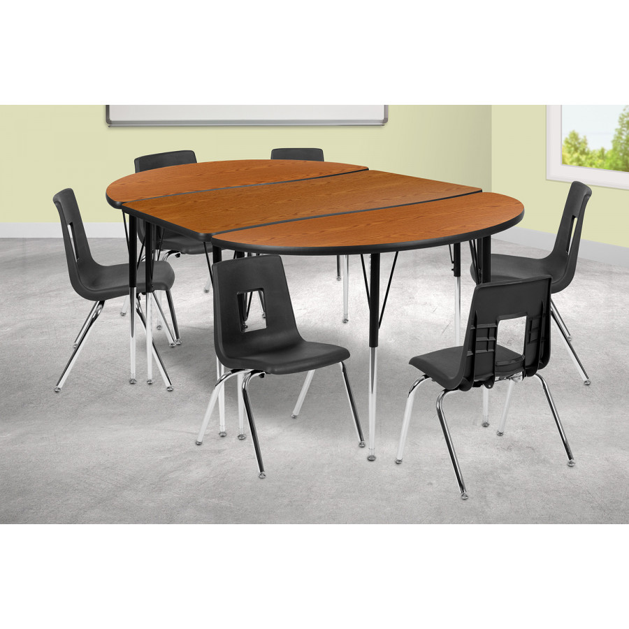 BLNK Emmy Oval Thermal Laminate Wave Flexible Activity Table Set with Chairs - Oak, 76"L, with 16" Student Stack Chairs