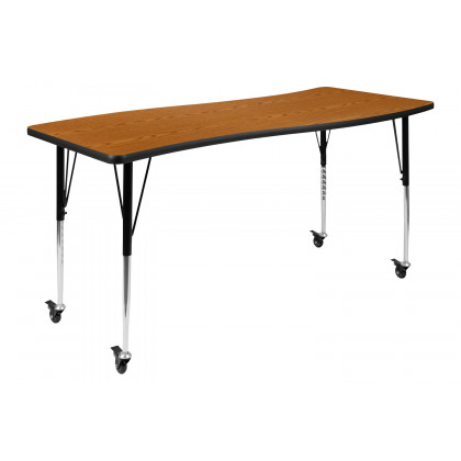 BLNK Emmy Mobile Oval Thermal Laminate Wave Flexible Activity Table Set - Oak, 86"L, with 16" Student Stack Chairs