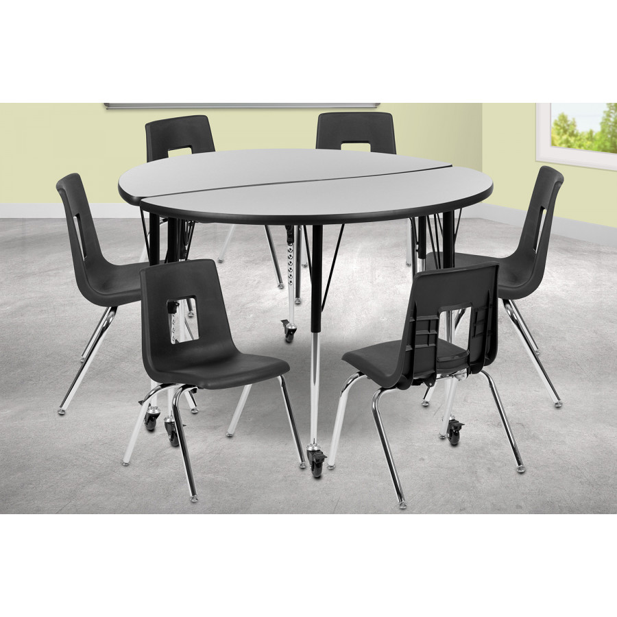 BLNK Emmy Mobile Circle Thermal Laminate Wave Flexible Activity Table Set - Gray, 47.5"D, with 16" Student Stack Chairs