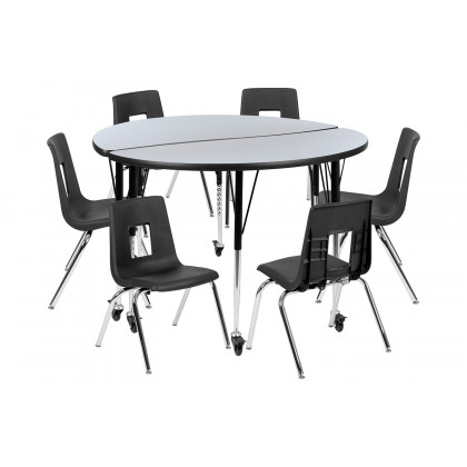 BLNK Emmy Mobile Circle Thermal Laminate Wave Flexible Activity Table Set - Gray, 47.5"D, with 16" Student Stack Chairs