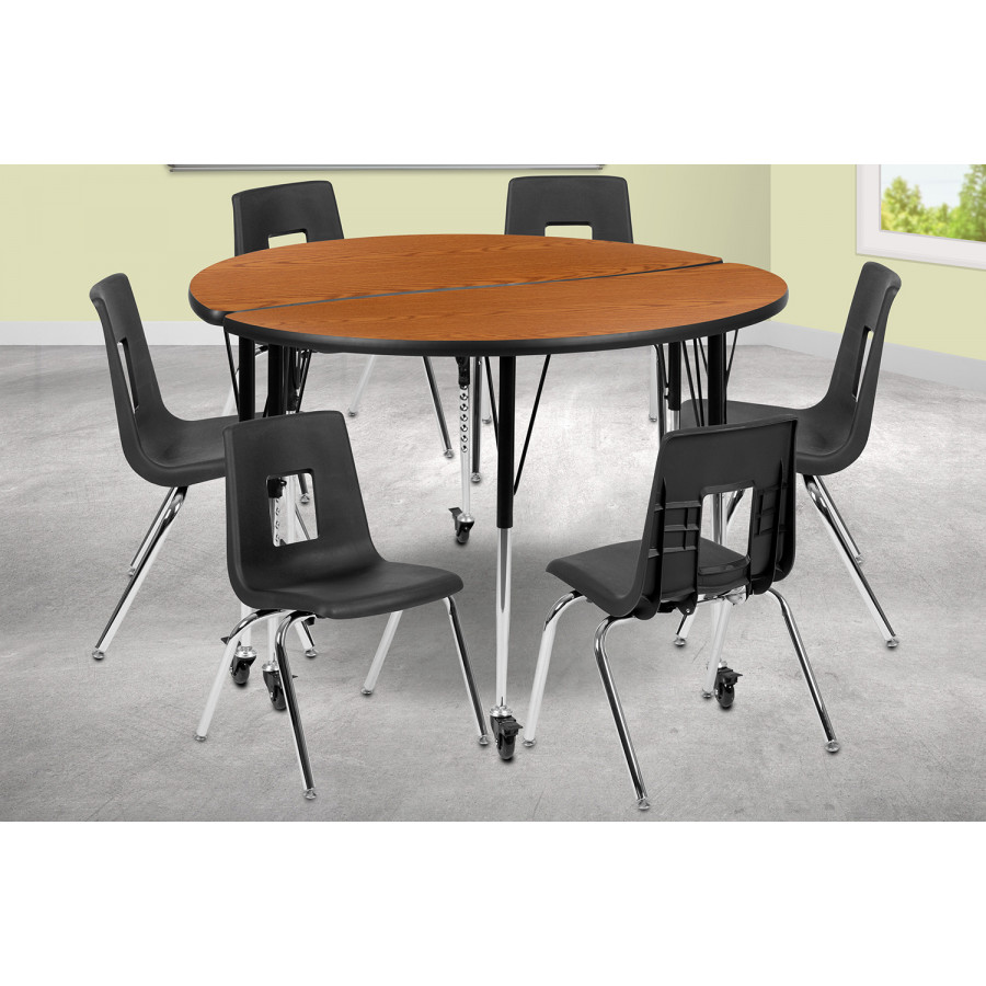 BLNK Emmy Mobile Circle Thermal Laminate Wave Flexible Activity Table Set - Oak, 47.5"D, with 16" Student Stack Chairs