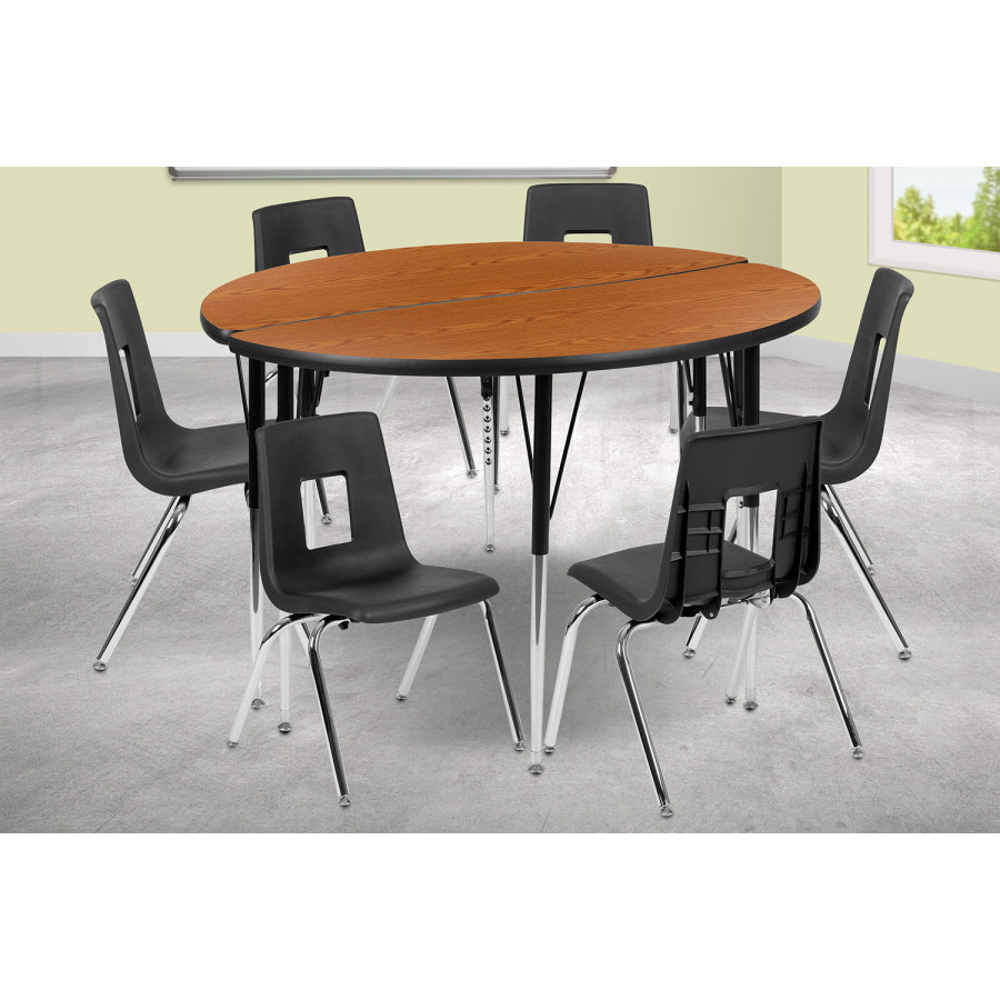 BLNK Emmy Circle Thermal Laminate Wave Flexible Activity Table Set - Oak, 47.5"D, with 16" Student Stack Chairs