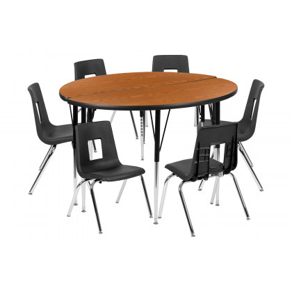 BLNK Emmy Circle Thermal Laminate Wave Flexible Activity Table Set - Oak, 47.5"D, with 16" Student Stack Chairs