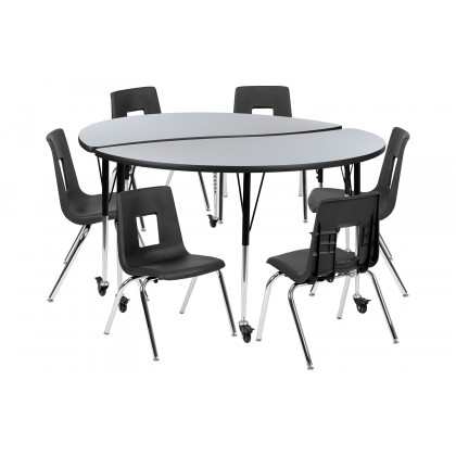 BLNK Emmy Mobile Circle Thermal Laminate Wave Flexible Activity Table Set - Gray, 60"D, with 16" Student Stack Chairs