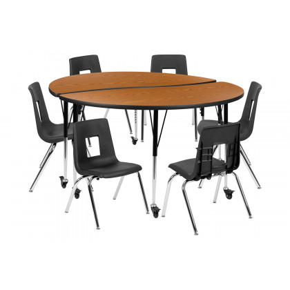 BLNK Emmy Mobile Circle Thermal Laminate Wave Flexible Activity Table Set - Oak, 60"D, with 16" Student Stack Chairs