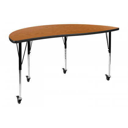 BLNK Emmy Mobile Circle Thermal Laminate Wave Flexible Activity Table Set - Oak, 60"D, with 16" Student Stack Chairs