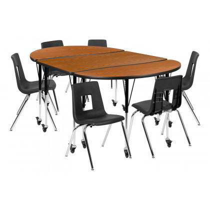 BLNK Emmy Mobile Oval Thermal Laminate Wave Flexible Activity Table Set - Oak, 76"L, with 18" Student Stack Chairs