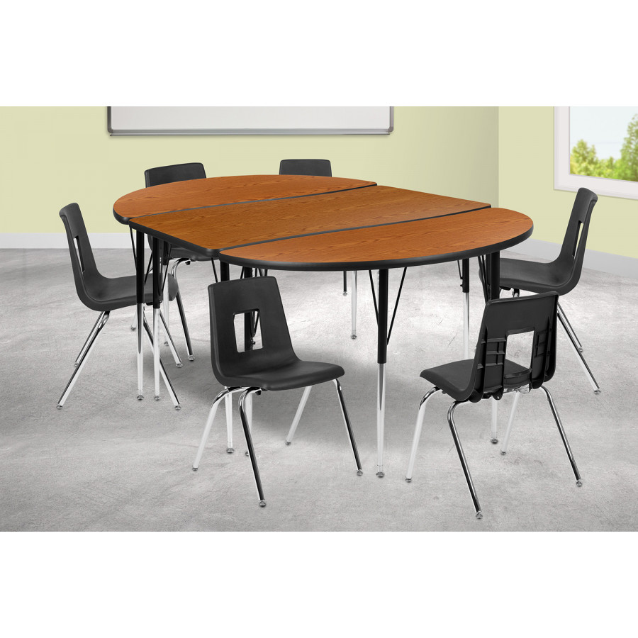 BLNK Emmy Oval Thermal Laminate Wave Flexible Activity Table Set with Chairs - Oak, 76"L, with 18" Student Stack Chairs