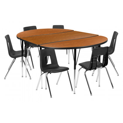 BLNK Emmy Oval Thermal Laminate Wave Flexible Activity Table Set with Chairs - Oak, 76"L, with 18" Student Stack Chairs