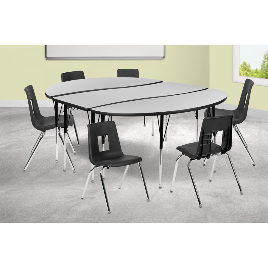 BLNK Emmy Oval Thermal Laminate Wave Flexible Activity Table Set with Chairs - Gray, 86"L, with 18" Student Stack Chairs