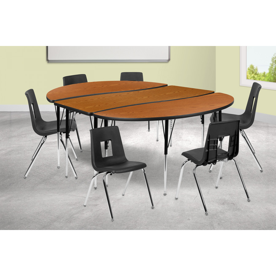 BLNK Emmy Oval Thermal Laminate Wave Flexible Activity Table Set with Chairs - Oak, 86"L, with 18" Student Stack Chairs