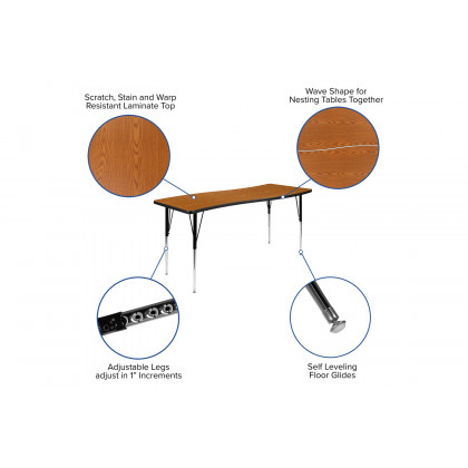 BLNK Emmy Oval Thermal Laminate Wave Flexible Activity Table Set with Chairs - Oak, 86"L, with 18" Student Stack Chairs