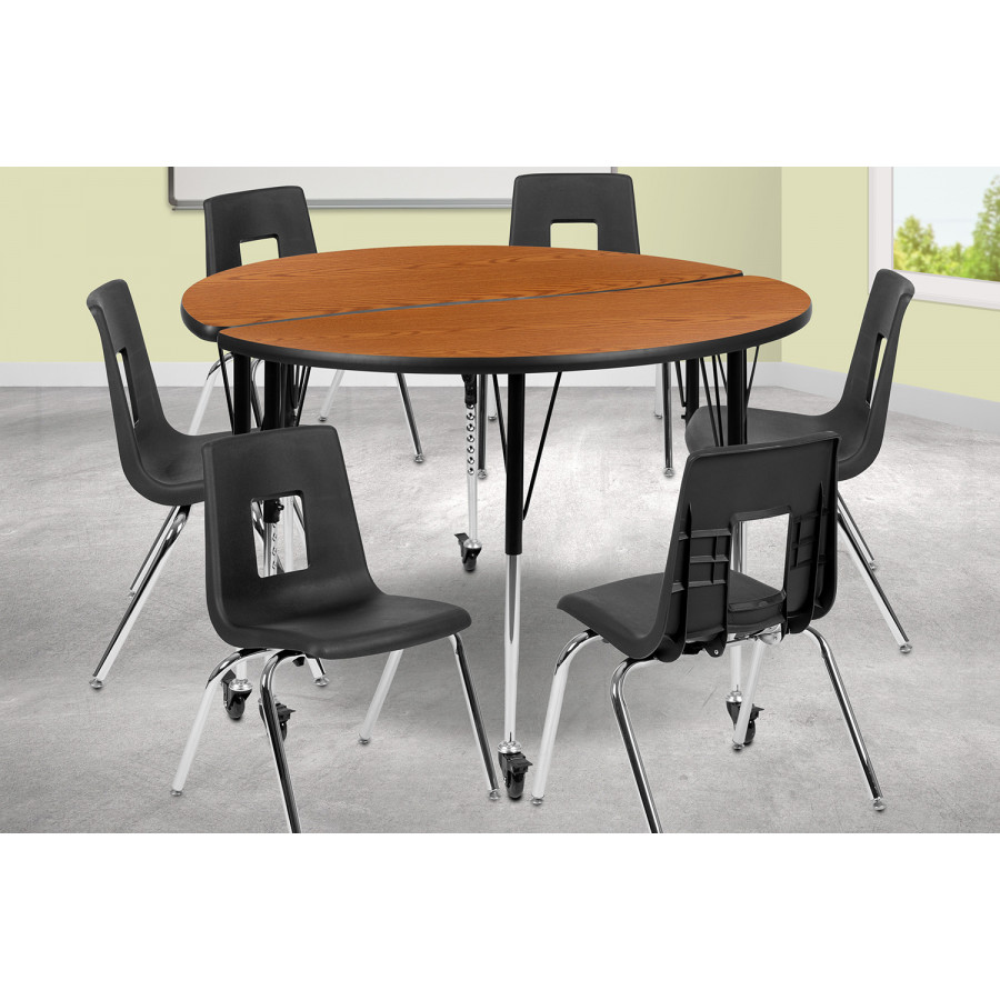 BLNK Emmy Mobile Circle Thermal Laminate Wave Flexible Activity Table Set - Oak, 47.5"D, with 18" Student Stack Chairs